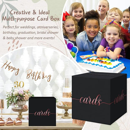 QIKSION Black Wedding Card Box, Rose Gold Foil Gift Card Box for Party, Wedding Reception, Graduation, Birthday, Baby Shower, Raffle