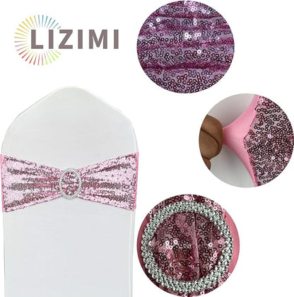 10 Pcs Chair Sashes Sequin Stretch Chair Bands Spandex Polyester Bows for Party Hotel Wedding Banquets Decoration - Pink