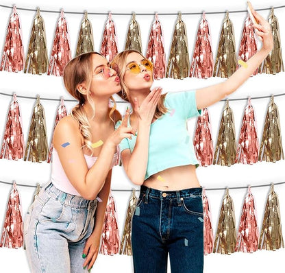 3P Rose Champagne Gold Metallic Fringe Tassel Banner Garland Foil Tinsel Streamer Wall Hanging Curtain Backdrop Banner for Parade Floats, Graduation Decorations, Wedding Party Decoration