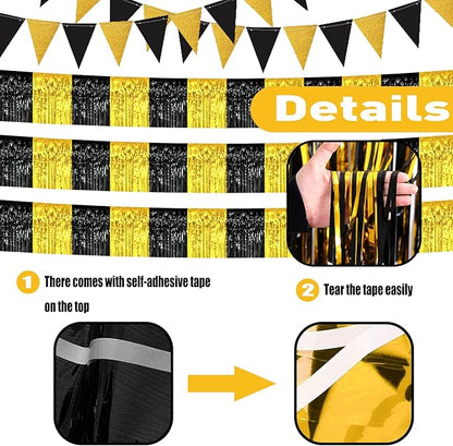6 Pack 10 Feet Black Gold Foil Fringe Garland Metallic Tinsel Streamers Banner Wall Hanging Curtain Backdrop Banner for Parade Floats, Thanksgiving, Christmas, Birthday, Halloween Party Decorations