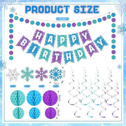 Funrous Snowflake Birthday Decorations Happy Birthday Banner Snowflake Hanging Swirls Honeycomb Balls Circle Dots Garland for Winter Princess Party Supplies