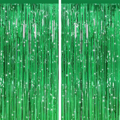 2 Pack Green Streamers Backdrop Jungle Party Decorations Green Foil Fringe Backdrop Curtains Photo Booth Backdrop for Birthday Dinosaur Animal St Patrick's Day Football Xmas Graduation Party Decors