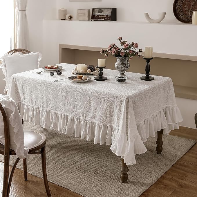 patdrea Vintage Ruffle Tablecloth for Rectangle Tables,Farmhouse Embroidered Cotton White Lace Table Cloth Cover Decor for Dining Room Wedding Banquet Thanksgiving Christmas,63"*106"