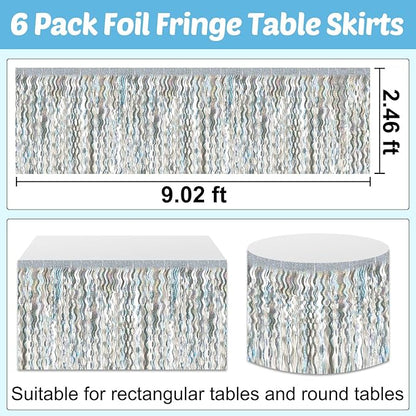 6 Pack 29x108 Inch Silver Wave Foil Fringe Table Skirts Metallic Banner for Tinsel Streamer Garland Backdrop for Parade Floats Mother's, Graduate, Mardi Gras, Birthday, Wedding Party Decorations