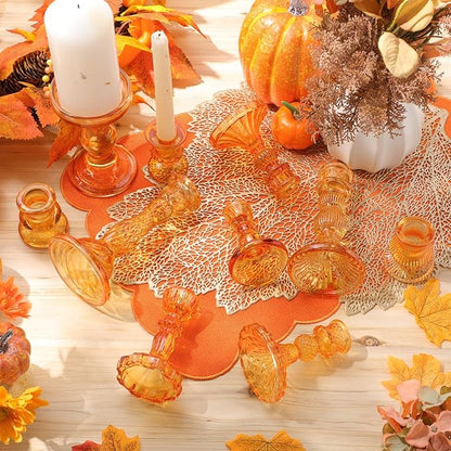 Mumufy 10 Pcs Glass Crystal Taper Candle Holders Clear Glass Candlestick Holder Fit 0.8 Inch Candles Crystal Decorative Candle Stand Centerpiece Table Wedding Dining Party (Classic,Orange)