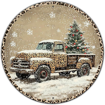 Round Leopard Truck Metal Tin Sign Rustic Wall Decor Christmas Wreath Sign Christmas Wreath Door Hanging Wall Decoration Bar Home Round 12 * 12 in