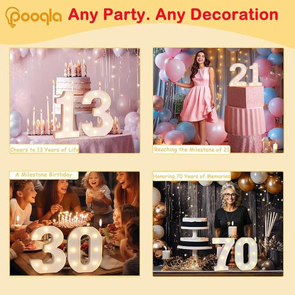 Pooqla Decorative LED Light Up Number Letters, White Plastic Marquee Number Lights Sign for 70th Birthday Party Wedding Decor, Battery Operated (70)