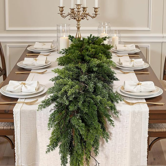 12FT Artificial Christmas Garland, Real Touch Greenery Cypress Pine Garland for Mantle Table Railing Fireplace Indoor & Outdoor Christmas Decoration