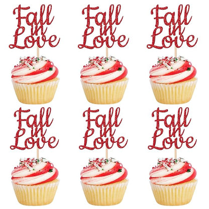 24 PCS Fall in Love Cupcake Toppers Glitter Fall Theme Party Cupcake Picks Bridal Shower Cupcake Decorations for Autumn Wedding Engagement Anniversary Birthday Party Cake Decorations Supplies Red