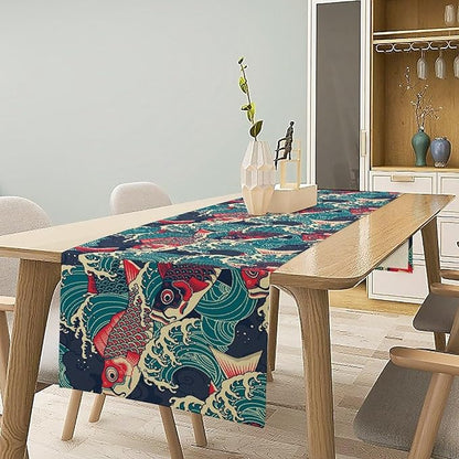 Kio Fish Table Runner Waves Japanese Tradition Art Printed Burlap Runner Home Kitchen Dining Table Living Room Decor Fabric 1 Panel W13xL108in
