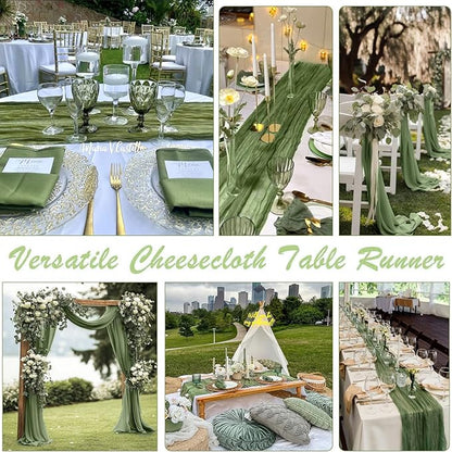 10 Packs Olive Green Cheese Cloth Table Runners, 10FT Boho Gauze Moss Green Cheesecloth Table Runner for Wedding Bridal Baby Shower Fall Thanksgiving Table Decoration