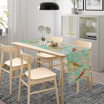 Table Runner with Flowers and Birds, Spring Plant Flowers Table Decoration Linen Table Runner Family Party Party Decorations 13x90 Inches