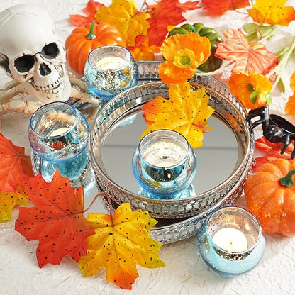 Homemory 12 Pcs Blue Votive Candle Holders, Round Mercury Glass Candle Holder, Tealight Candle Holders for Table Centerpieces, Baby Showe, Anniversary, Wedding, Home Decor, Halloween, Christmas