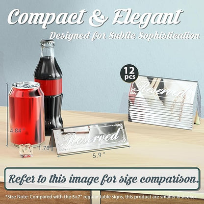 12 Pcs 6" x 2" Silver Reserved Table Signs, Mirrored Double Sided Table Tent Signs with Suede Cloth, Reservation Seat Indicators for Wedding Restaurant Party