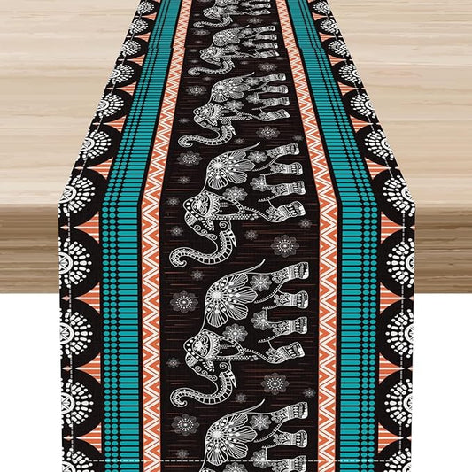 Boho Elephant Table Runner, Vintage Tribal Traditional Bohemian African Animals Ethnic Folk Table Center Decor for Home Kitchen Dining Patio Holiday Party Indoor Table Decorations, 13"x72" Inch