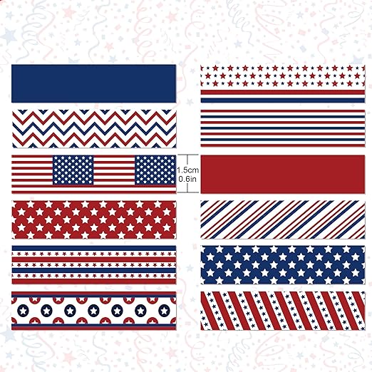 Adirasenotek Washi Tape 12 Rolls Patriotic Packing Tape American Flag Decorative Paper Stickers DIY Art Crafts