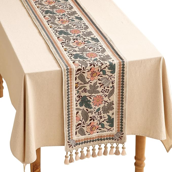 ISAENNE Designer Bohemian Linen Table Runner 87 Inches Long,Elegant Lotus Flowers Pattern Decor Table Runners for Dining Tables,Thanksgiving,Kitchen Tables,Christmas,12"*87"-Hazel A