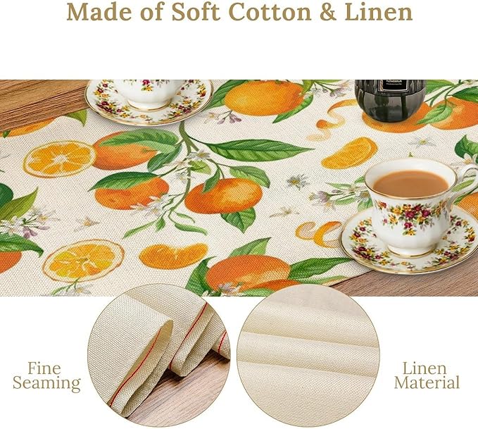 Spring Summer Orange Table Runner Vintage Citrus Lemon Fruit Mandarin Floral Dinner Runner for Farmhouse Baby Shower Party Holiday Home Kitchen Dining Table Decor 13x90