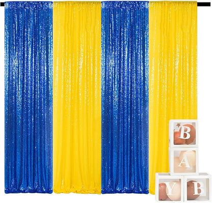 ShinyBeauty Sequin Backdrop Yellow and Royal Blue Backdrop Set of 4, 2FTx8FT Photo Backdrops Shimmer Wall Photograph Backgrounds Glitter Curtains 4 Pieces