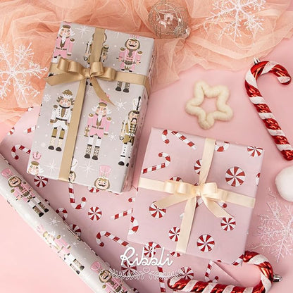Ribbli Reversible Christmas Wrapping Paper Rolls, Nutcracker and Candy Cane Pink Gift Wrapping Paper-17 Inch x 33 Feet