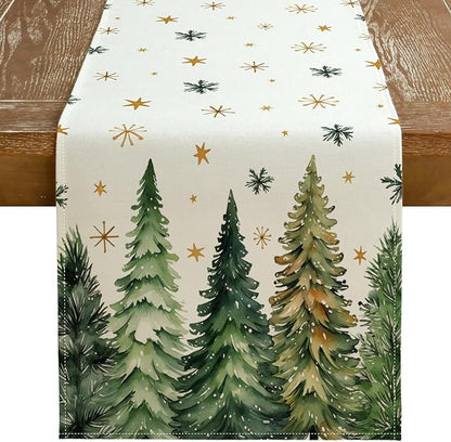 GEEORY Christmas Table Runner 13x108 Inch, Xmas Tees Snowflakes Holiday Decorative Farmhouse Table Decoration for Kitchen Dinning, Indoor Outdoor Dinner Party Decor (Light Green) GT166-108