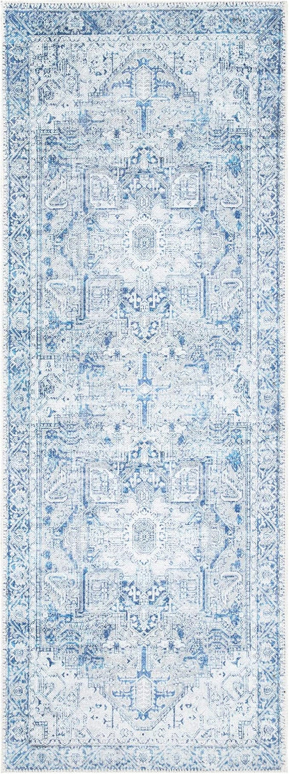 Bloom Rugs Washable Non-Slip 7 ft Runner - Blue/Gray Traditional Runner for Entryway, Hallway, Bathroom, and Kitchen - Exact Size: 2.5' x 7'