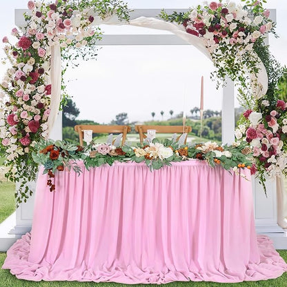 QueenDream Pink Chiffon Table Skirt 6ft Pink Table Cloth for Rectangle Tables Birthday Princess Girl Baby Shower Party
