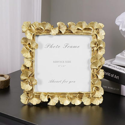 Cuspin Vintage Picture Frame 6x6 Gold Frames, Gold Ornate Leaf Textured Hand-Crafted Resin with Glass Front Antique Photo Frame for Tabletop Display, Retro Design Home Decor