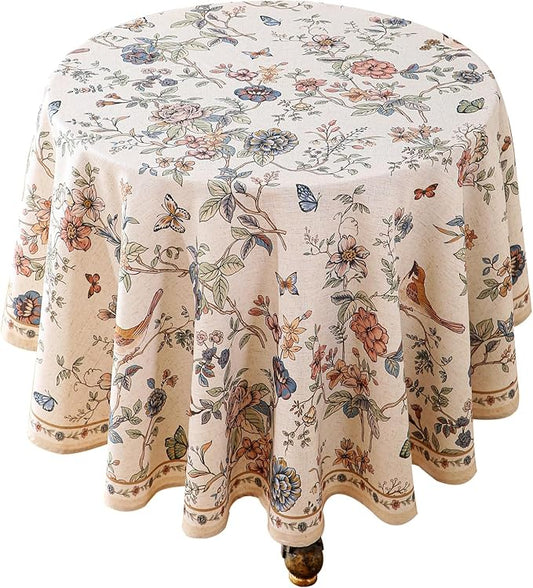 ISAENNE Designer French Light Beige Small Round Tablecloth,Linen Florals and Birds Pattern Table Cloth,Anti-Wrinkle Decorative Tablecloths for Dining Thanksgiving Kitchen,Diameter 55"-Cornucopia