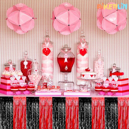 6 Pack 29x108 Inch Black Red Metallic Foil Fringe Tinsel Table Skirts for Rectangle Tables Streamer Curtains Backdrop for Wedding, Casino Viva Las Vegas Game Night Birthday Party Decoration