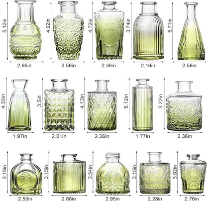 Arme Bud Vase Set of 32, Green Vases Glass Bud Vases in Bulk, Small Vases for Centerpieces Mini Flower Vase Set Cute Vintage Glass Vase Set for Flower Wedding Home Centerpiece Table Decorations