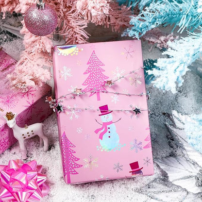 LeZakaa Christmas Pink Wrapping Paper Jumbo Roll, Snowman Christmas Tree & Snowflake Metallic Foil, Rose Gold Foil Reversible Design for Festive Winter Holiday, Family Gathering, 30 inches x 32.8 Feet