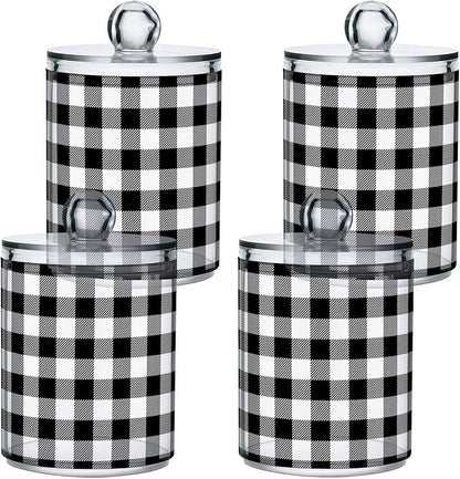 Gredecor Qtip Holder Dispenser 2 Pack Black White Classic Buffalo Plaid Bathroom Decorative Storage Canister Holder Counter Vanity Organizer for Cotton Ball Swabs Pads Floss
