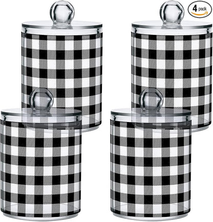 Gredecor Qtip Holder Dispenser 4 Pack Black White Classic Buffalo Plaid Apothecary Jars with Lids Bathroom Vanity Countertop Canister Storage Organizer for Cotton Ball,Swabs,Pads,Floss