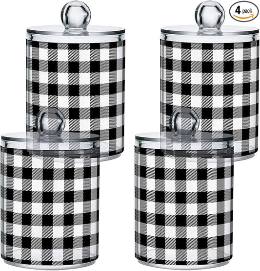 Gredecor Qtip Holder Dispenser 4 Pack Black White Classic Buffalo Plaid Apothecary Jars with Lids Bathroom Vanity Countertop Canister Storage Organizer for Cotton Ball,Swabs,Pads,Floss