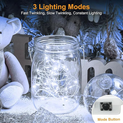 btfarm 50 Pack LED Fairy Lights Battery Operated [3 Modes] Twinkle Lights, 7FT 20 LED Mini String Lights Mason Jars Silver Wire Small Christmas Wedding Party, Cold White
