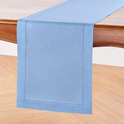 Solino Home Linen Cornflower Blue Table Runner 108 Inches Long - 100% Pure Linen Hemstitch 14 x 108 Inch Table Runner for Dining, Christmas, Holiday - Classic Hemstitch