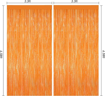 2Pack Orange Backdrop Curtains, Orange Tinsel Backdrop, Metallic Party Streamer Fringe Curtains, Foil Curtains Birthday Party, Curtain Backdrop for Baby Shower Bachelorette Xmas Party Halloween Decors