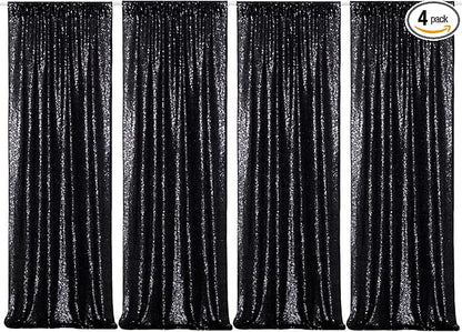 Poise3EHome Black Sequin Backdrop Curtains,4 Panels 2FTx8FT Glitter Background for Halloween Birthday Party Wedding Christmas Thanksgiving Holiday Festival Decor