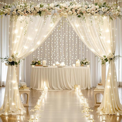 10x10ft Ivory Chiffon Backdrop Curtain with Lights String for Wedding Parites, Sheer Photo Backdrop Curtains for Baby Shower Bridal Shower Birthday Party Ceremony Reception