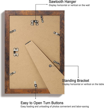 8x12 Picture Frame Set of 4 with High Definition Real Glass, Display 6x8 Pictures with Mat or 8 x 12 Without Mat, Wood Rustic Photo Frames for Tabletop and Wall Mounting