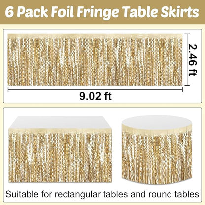 6 Pack 29x108 Inch Champagne Gold Wave Foil Fringe Table Skirts Metallic Banner for Tinsel Streamer Garland Backdrop for Parade Floats Wedding, Mother's Day, Birthday Mardi Gras Party Decorations