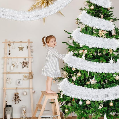 72 Feet Christmas Tinsel Garland Shiny Metallic Tinsel Twist Garland Streamers Ornaments Long Glitter Christmas Tree Hanging Decorations for Party Holiday Wedding Birthday Tree Wall Rail (Snowy White)