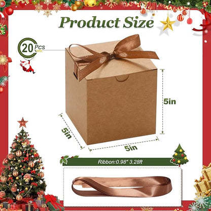 DOYIDE Small Gift Boxes, 20 Pack 5x5x5 Inch Brown Elegant Paper Boxes with Ribbons, Crafting, Christmas Gift Box Wedding Party Favor, Cupcake, Candy, Bridesmaids Proposal Box
