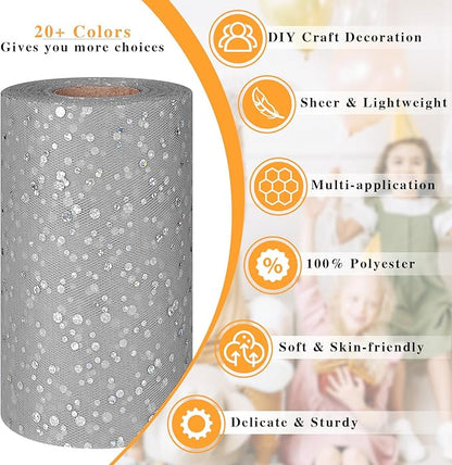 Glitter Tulle Rolls, 6” by 50 Yards (150FT) Sequin Tule Netting Fabric Tulle for Tutu Skirts Sewing Birthday Wedding Party Decoration (Sliver)