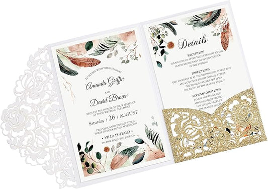 DORIS HOME 50pcs Laser Cut Wedding Invitations with Envelopes Gold Glitter, 4.7x7.1 Personalized Invitation Cards for Wedding, Anniversary Invitations with Envelopes