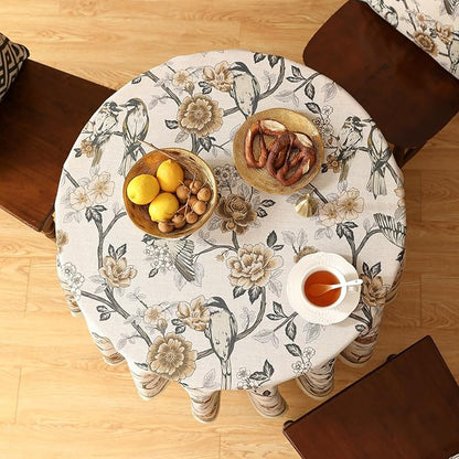 ISAENNE Designer Vintage Linen Small Round Table Cloth,Floral and Bird Pattern Elegant Tablecloth,Fall Wrinkle Resistant Home Decor Tablecloths for Dining Kitchen,Diameter 55"-Murad A