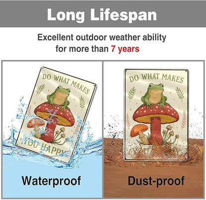Funny Frog on Mushroom Metal Sign - Cute Cottagecore Forest Wall Decor for Bathroom, Kitchen, Bedroom or Patio - Whimsical 12" x 8" Tin Sign