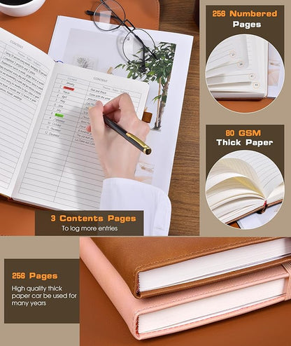 Lined Journal Notebook for Women Men, 256 Numbered Pages Hardcover Leather Journals for Writing, A5 Journaling Notebooks, College Ruled Journal for Business Work School 5.75" x 8.38" Light Brown