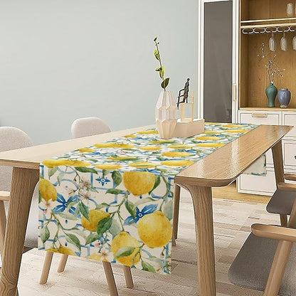 Lemon Table Runner,Watercolor Fruit Green Leaves Spring Summer Table Cloth Kitchen Dining Table Home Party Decoration 13x72 Inch